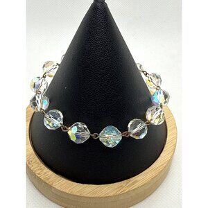 Vintage Aurora Borealis Crystal Beaded Bracelet With Dangling Charms & Spring Ri